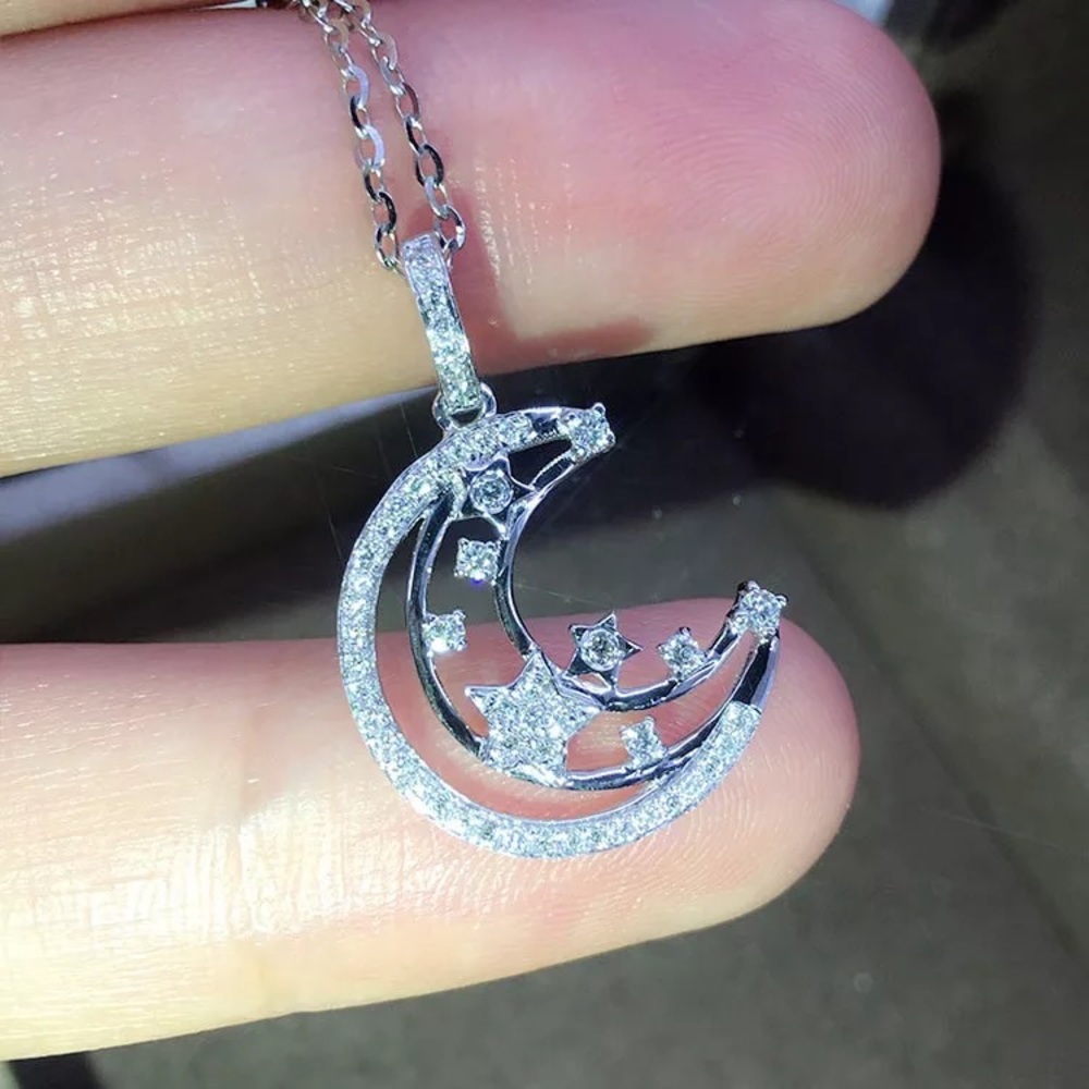New Unisex 925 Silver Double Moon Sweet Diamond Necklace - Picture 1 of 6
